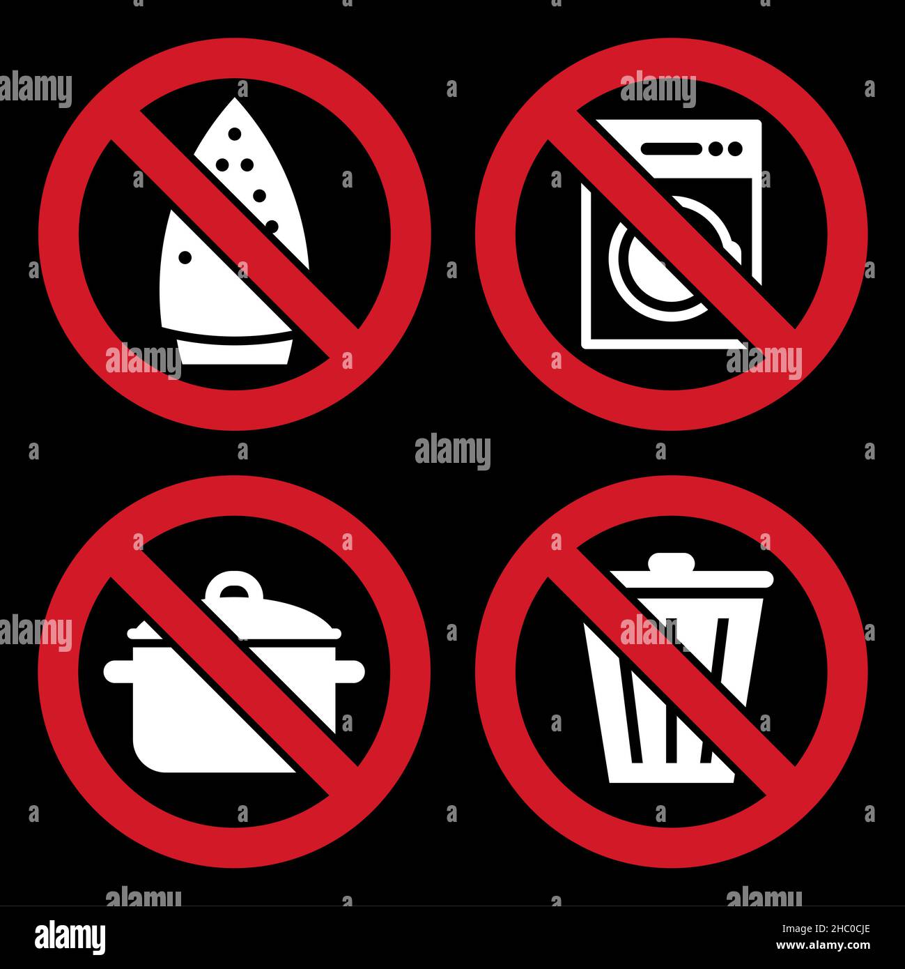 Bügelnn`t nicht erlaubt, keine Waschmaschine, kein Kochen und werfen Sie kein Müllschild auf schwarzen Hintergrund Stockfoto